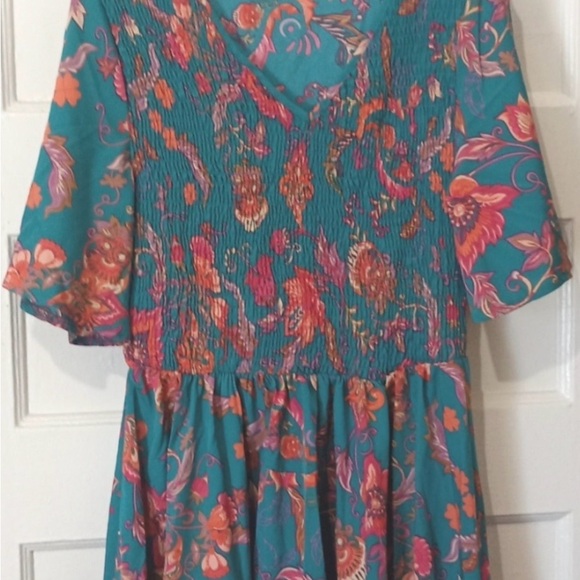 Source Unknown Dresses & Skirts - Floral Teal Dress w/ Pink/Orange Accents Rouched Top
